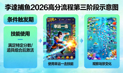 李逵捕鱼2026高分流程第三阶段示意图 - 条件触发期，使用幸运一击技能并观察场景变化