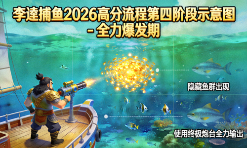 李逵捕鱼2026高分流程第四阶段示意图 - 全力爆发期，隐藏鱼群出现时使用终极炮台全力输出