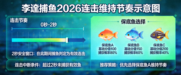 李逵捕鱼2026连击维持节奏示意图 - 展示2秒安全窗口与保底鱼选择