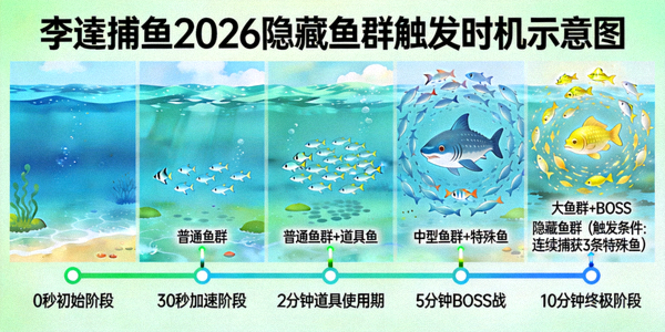李逵捕鱼2026隐藏鱼群触发时机示意图 - 展示游戏场景节奏点与鱼群出现的关系