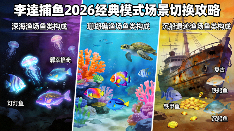 李逵捕鱼2026经典模式场景切换攻略配图 - 对比展示深海、珊瑚礁、沉船遗迹三种不同主题渔场的鱼类构成
