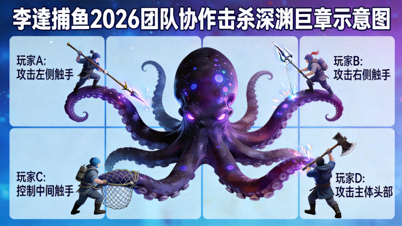 李逵捕鱼2026团队协作击杀深渊巨章示意图 - 四名玩家分工明确，分别攻击触手与主体