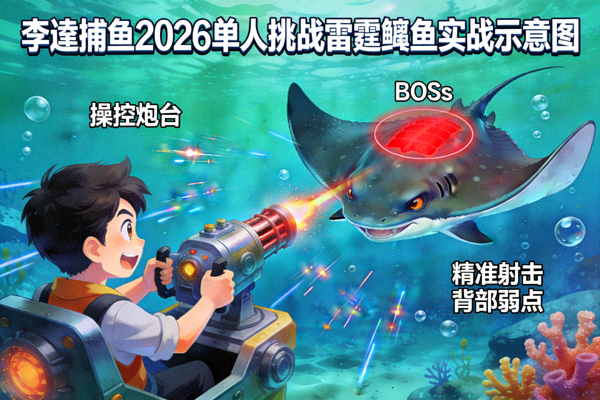 李逵捕鱼2026单人挑战雷霆鳐鱼实战示意图 - 玩家操控炮台精准射击BOSS背部弱点