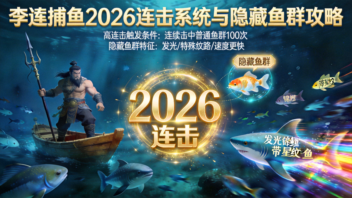 李逵捕鱼2026连击系统与隐藏鱼群攻略主图 - 展示高连击数字特效与稀有隐藏鱼群同时出现的震撼游戏画面