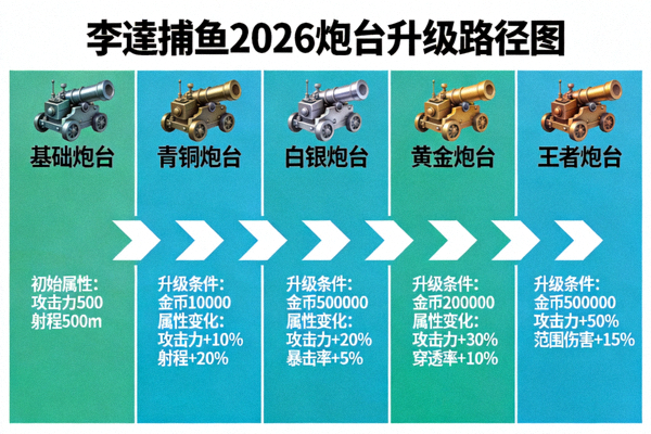 李逵捕鱼2026炮台升级路径图 - 展示不同炮台的升级路线与属性变化