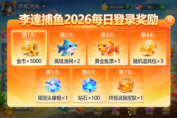 李逵捕鱼2026每日登录奖励 - 展示连续登录7天的奖励内容