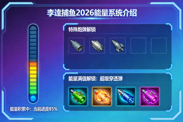 李逵捕鱼2026能量系统介绍 - 展示能量槽积累与特殊炮弹解锁的界面