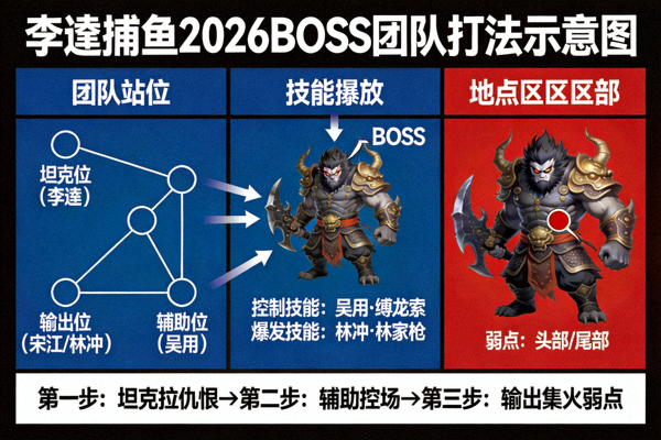李逵捕鱼2026BOSS团队打法示意图 - 展示多人协作击杀BOSS的策略